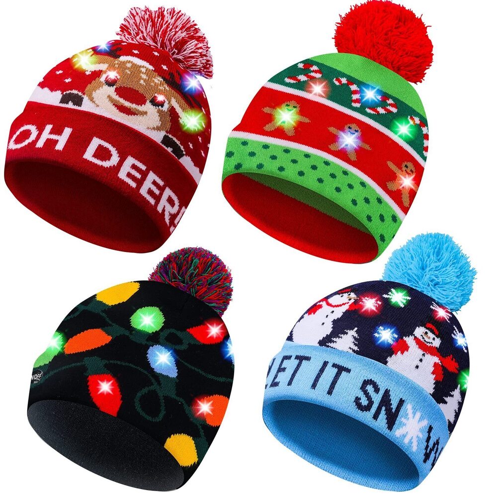 6343 Christmas Hat Xmas LED Light Up Beanie Knit Hats Winter Snow Cap